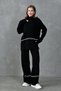 Stretchy Knitwear Stripe Detail Oversize Sweater and High Waist Wide Leg Trousers Black Knitwear Suit 3040 - 8