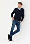 Men's Navy Blue V-Neck Sweater 50277090-Vr033 - 4