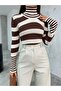 Women's Brown Striped Soft Textured Lycra Basic Knitwear Sweater - 2