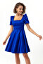 Women's Sax Balloon Sleeve Flared Cut Mini Satin Evening Dress - 2