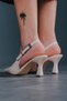 Women's Open Back Short Heeled Shoes Niola Beige Patent Leather - 5