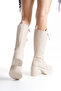 Thick High Heeled Zippered Below-The-Knee Plain Lace-Up Women's Cream Boots - 7