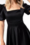 Women's Black Balloon Sleeve Flared Cut Mini Satin Evening Dress - 3