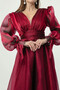 Women's Red Slim Fit Balloon Sleeve V-Neck Long Evening Dress - 4