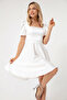 Women's White Balloon Sleeve Flared Cut Mini Satin Evening Dress - 3