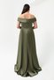 Women's Khaki Boat Neck Plus Size Satin Evening Dress & Graduation Dress - 5