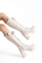 Thick High Heeled Zippered Below-The-Knee Plain Lace-Up Women's Cream Boots - 3