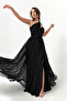 Women's Black Slim Fit One Shoulder Slit Long Evening Dress - 3