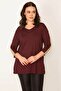 Women's Large Size Claret Red Sleeve Detailed V-Neck Blouse 65n32084 - 5