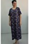 Navy Blue Floral Print Short-Sleeved Combed Cotton Viscose Dress - 4
