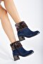 Women's Heeled Boots Navy Blue Suede Fur Zippered Oval Toe - 2