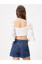 Crop Blouse Square Neckline Low-cut Back Long Sleeve Gather Detailed Cotton - 4