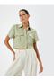 Modal Fabric Crop Shirt with Cargo Pockets and Metal Accessory Detail