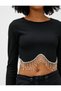 Crop T-Shirt Long Sleeve Ribbed with Stone Detail - 5