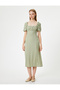 Fisto Dress with Balloon Sleeves, Midi Square Collar, Slim Fit, Slit Detail - 3