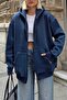 Indigo Lena Zippered Hooded Pocket Oversize Women's Sweatshirt with Fleece Inside - 4