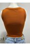 Brown Halter Neck Crop Top Darkalıp Ribbed Thick Bias Bustier - 3