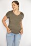 Women's Khaki Plus Size Cotton Fabric V-Neck Short Sleeve Shoulder Lace Detailed Blouse 65n36541