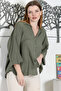 Khaki Green 3/4 Sleeve Pearl Buttoned Slit Casual Cotton Woven Shirt - 3