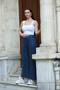Women's Navy Blue Elastic Waist Pocket Detailed Antique Loose Cotton Wide Leg Knitwear Trousers - 2