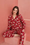 Red Bear Patterned Front Buttoned Suede Pajama Set