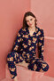 Navy Blue Bear Patterned Front Buttoned Suede Pajama Set