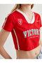 V-Neck Printed Crop T-Shirt - Jersey Look, Color Contrast - 5