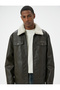 Faux Leather Jacket Collar Sheepskin Pocket Zippered Lined Slim Fit - 3
