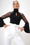 Women's Black Turtleneck Drop-Cut Tulle Detailed Spanish Sleeve Knitted Crepe Blouse Alc-X13105 - 3