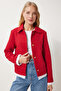Women's Red Shirt Collar Tweed Jacket To00157 - 3