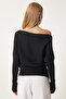 Women's Black Asymmetric Collar Ribbed Sweater Fn03383 - 4