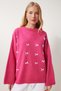 Women's Dark Pink Bow Detailed Oversize Knitwear Sweater Kb00042 - 2