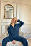 Petrol Green Plain Front Buttoned Plush Fleece Pajama Set - 3