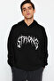 Black Oversize/Wide Cut Fleece Inside Hooded Lettering Embroidery Sweatshirt Tmnaw24Sw00029 - 3