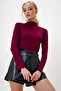 Women's Burgundy Half Turtleneck Two Yarn Blouse Alc-X13037 - 4