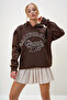 Brown Hooded Kangru Pocket Sweatshirt with Text Printed on the Front and Three Thread Ribbons Alc-X13079