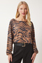 Women's Black Beige Zebra Patterned Suede Blouse Fn03401 - 2