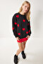 Women's Black Heart Textured Raised Knitted Sweatshirt Mp00030 - 3