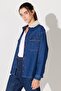 Loose Fit Relaxed Cut 100% Cotton Buttoned Women's Blue Sherpa Collar Jean Denim Jeans Jacket - 2