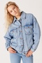 Relaxed Fit Wide Cut 100% Cotton Women's Light Blue Trucker Jean Denim Jeans Jacket - 2