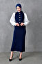 Modest Buttoned Sleeveless Vest and High Waist Midi Skirt Bottom Top Navy Blue Knitwear Set 5155 - 6
