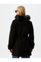 Hooded Collar Faux Fur Stamp Coat with Tie Waist Pocket and Zipper - 4