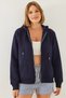 Women's Navy Blue Kangaroo Pocket Hooded Cardigan Mbhs013 60601013 - 7
