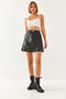 Women's Black Belted Leather Skirt with Grass Detail 85001048 - 6
