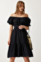 Carmen Collar Belted Summer Muslin Dress Black Lmx0063 - 3
