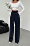 Women's Navy Blue High Waist Pleated Buttoned Lycra Stretch Fabric Oversize Comfortable Fit Palazzo Pants
