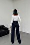 Women's Navy Blue High Waist Pleated Buttoned Lycra Stretch Fabric Oversize Comfortable Fit Palazzo Pants - 5