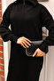 11028-09 Corded Knitwear Dress with Zippered Collar Black - 3