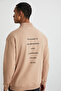 Bılboan Men's Organic Cotton Fleece Inside Zipper Stand Collar Back Printed Beige Sweatshirt - 6