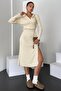 Women's Polo Collar Buttoned Slit Midi Dress Cream - 2